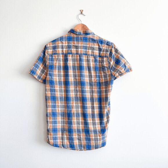 Wesc Mens Shirt Collared Short Sleeve Button Down Orange Blue Medium - Picture 2 of 7